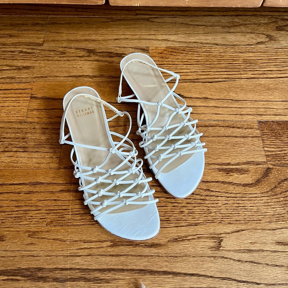 Stuart Weitzman Leather Knotted Cage Sandals, White, 7W